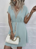 Bohemian V Neck Lace Up Stitching Midi Dress Silver Sam