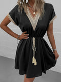 Bohemian V Neck Lace Up Stitching Midi Dress Silver Sam