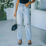 Jeans Irregular High Waist Casual Vintage Ripped Wide Leg Jeans