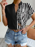 Short Sleeve Printed V-neck Blouse with Buttons Silver Sam