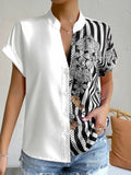 Short Sleeve Printed V-neck Blouse with Buttons Silver Sam