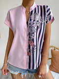 Short Sleeve Printed V-neck Blouse with Buttons Silver Sam