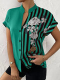 Short Sleeve Printed V-neck Blouse with Buttons Silver Sam