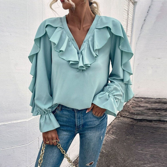 Chiffon Ruffled V-Neck Full Sleeve Top