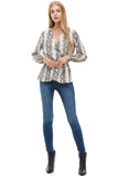 Snake V-Neck Button Front Peplum Long Sleeve Blouse Indigo Arrowwood