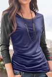 Dark Blue Round Neck Color Block Velvet Pleated Long Sleeve Top