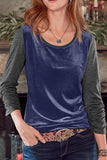 Dark Blue Round Neck Color Block Velvet Pleated Long Sleeve Top