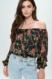 Off-Shoulder Printed Crop Top with Long Sleeves Indigo Arrowwood