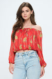 Off-Shoulder Printed Crop Top with Long Sleeves Indigo Arrowwood