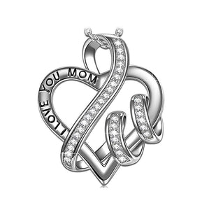 "I LOVE YOU MOM" Heart with Crystals Necklace 18K White Gold Plated