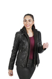 Boston Harbour Becky Leather Biker Black Jacket with Hood Azure Metis