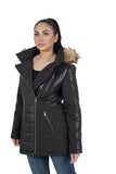 Boston Harbour Bella Leather/Textile Faux Fur Hooded Jacket Azure Metis
