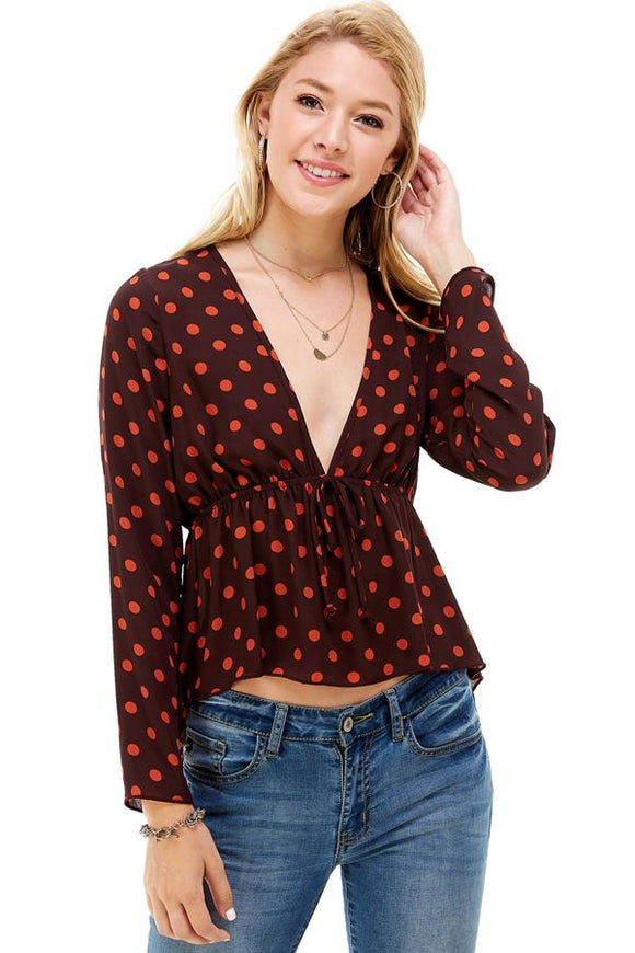Polka Dot Print Cinched Chest 3/4 Sleeves Hi-Low Indigo Arrowwood