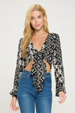Boho Bell-Sleeve Crop Top with Tie-Front Indigo Arrowwood