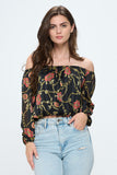 Off-Shoulder Printed Crop Top with Long Sleeves Indigo Arrowwood