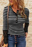 Lace Striped Splicing Hollow-out Button Long Sleeve Top