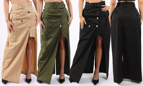 Asymmetric Self Belted Pockets Detailed Maxi Skirt