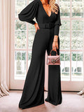 Sexy V Neck Long Sleeve Wide Leg Rompers Women Jumpsuit with Belt