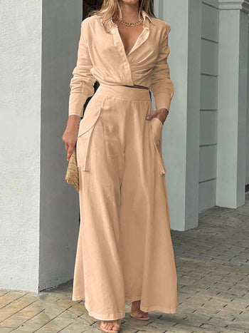 Long Sleeve Lapel V-Neck Shirt & High Waist Pockets Long Pants Suit Silver Sam