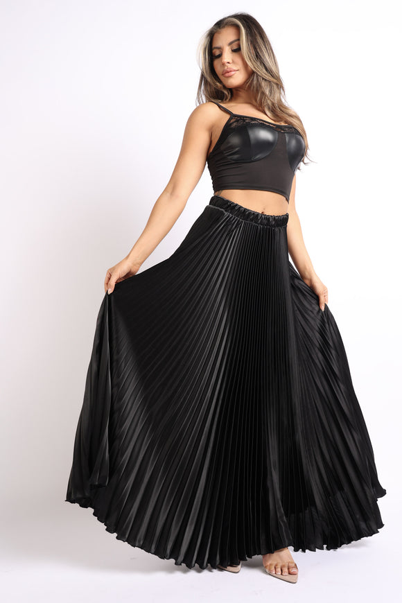 Elastic High Waist A-Line Pleated Satin Maxi Skirt