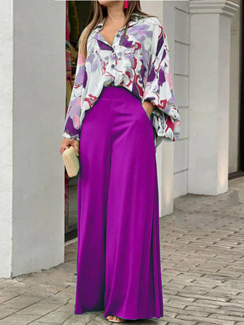 Lapel Button Lantern Sleeve Shirt & Straight Pants