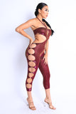 Glittery Cutout Halter Neck Keyhole Sexy Party Jumpsuit FUCHSIA/GOLD Puce Juniper