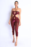 Glittery Cutout Halter Neck Keyhole Sexy Party Jumpsuit FUCHSIA/GOLD Puce Juniper