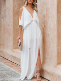 Hollow Half Sleeve Solid Loose Backless Party Long Dress