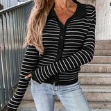 Striped Knitted Cardigan Turn-down Collar Button Knit Sweater