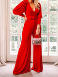 Sexy V Neck Long Sleeve Wide Leg Rompers Women Jumpsuit with Belt