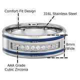 Men's Stainless Steel CZ Blue Stripes Ring Lavender Birch