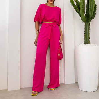 Crew Neck Short Sleeve Top Lace-up & High Waist Trousers Set
