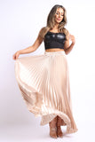 Elastic High Waist A-Line Pleated Satin Maxi Skirt