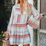Patchwork Dress Summer V Neck Loose Striped Boho Dress Silver Sam