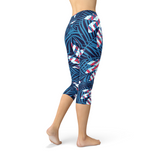 Women's Blue Tropical Leaf Capri Leggings