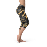 Women's Black Marble w/ Gold Splash Capri Leggings