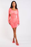 Sexy Cut Out Detailed Long Sleeve Mesh Sheer Dress PINK Puce Juniper