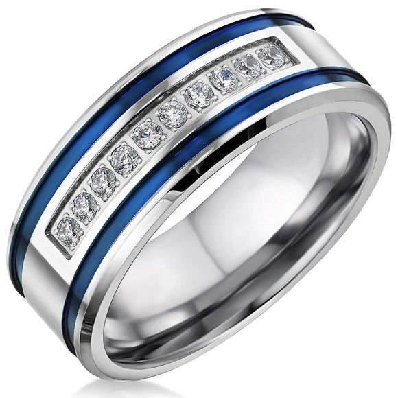 Men's Stainless Steel CZ Blue Stripes Ring Lavender Birch