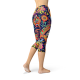 Women's Ornamental Blue Paisley Capri Leggings