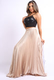 Elastic High Waist A-Line Pleated Satin Maxi Skirt