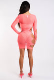 Sexy Cut Out Detailed Long Sleeve Mesh Sheer Dress PINK Puce Juniper