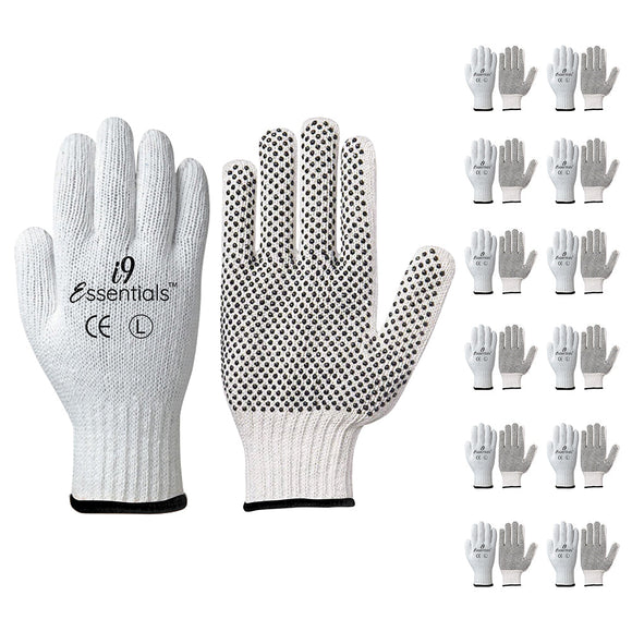 12 Pair Cotton & Dotted PVC | Cotton Work Gloves | White | L