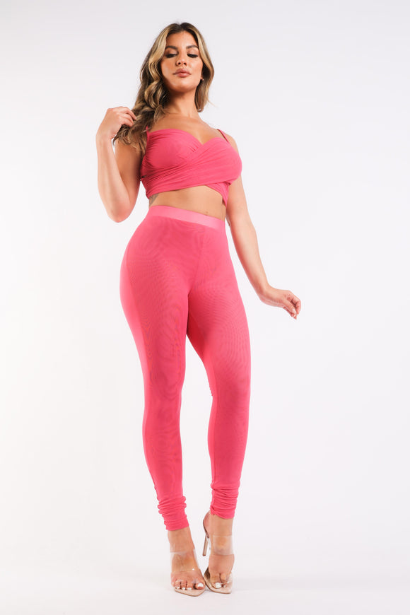 Mesh Contrast Sets Casual Sports Strappy Sleeve Top & Leggings
