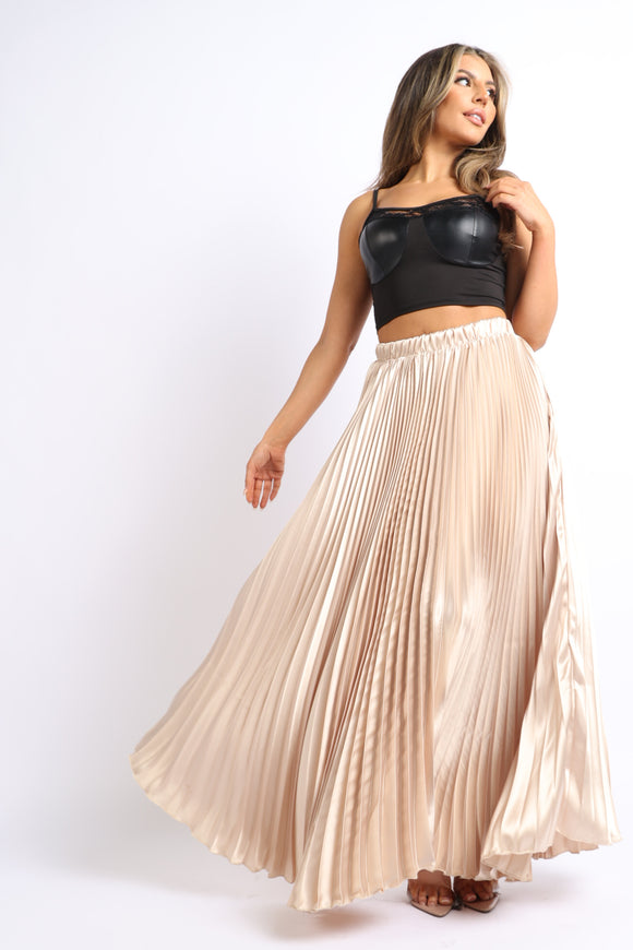 Elastic High Waist A-Line Pleated Satin Maxi Skirt