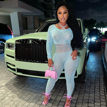 Long-sleeved Tight-fitting Hollow Perspective Jumpsuit