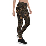 Women's Art Deco Peacock Feather Black Leggings
