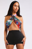 Multiway Retro Paisley Printed Crop Halter Wrap Top Puce Juniper