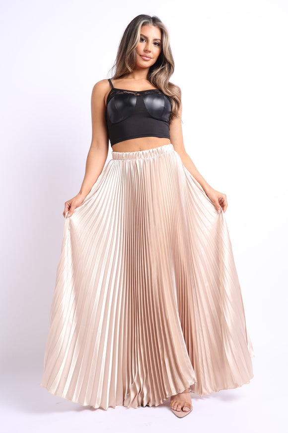 Elastic High Waist A-Line Pleated Satin Maxi Skirt