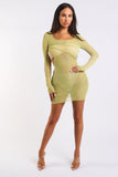 Sexy Cut Out Detailed Long Sleeve Mesh Sheer Dress CHARTREUSE Puce Juniper
