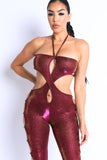 Glittery Cutout Halter Neck Keyhole Sexy Party Jumpsuit FUCHSIA/GOLD Puce Juniper